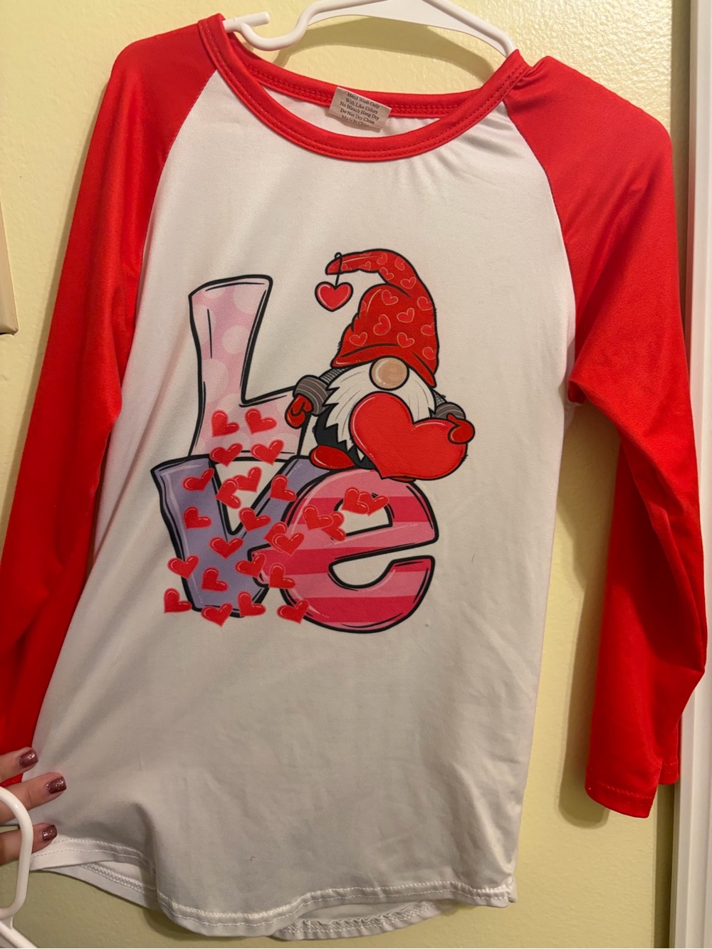 Girls Red & White Valentine Gnome Raglan Top